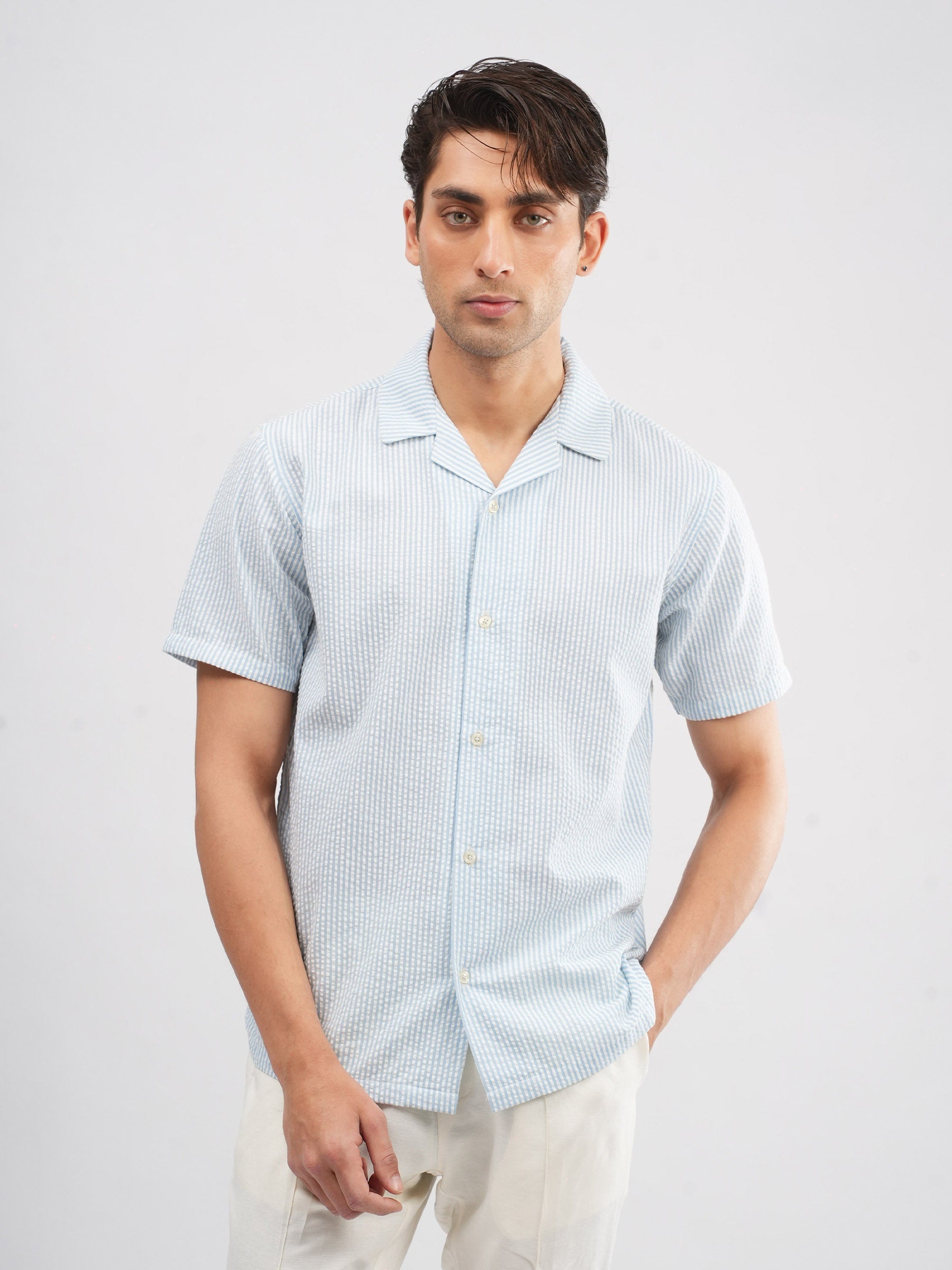 White & Blue Striped Seersucker Cuban Shirt