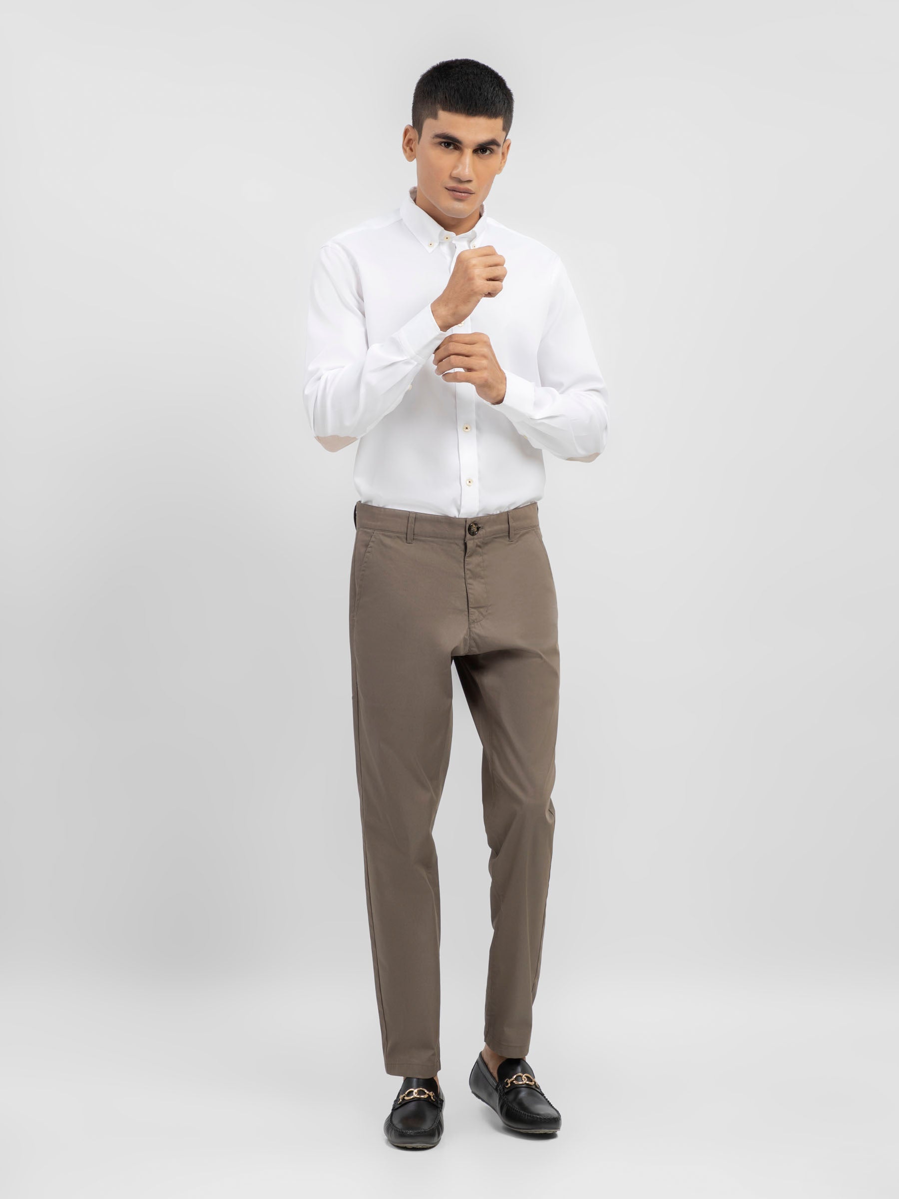 White Button Down Shirt With Beige Elbow Patch