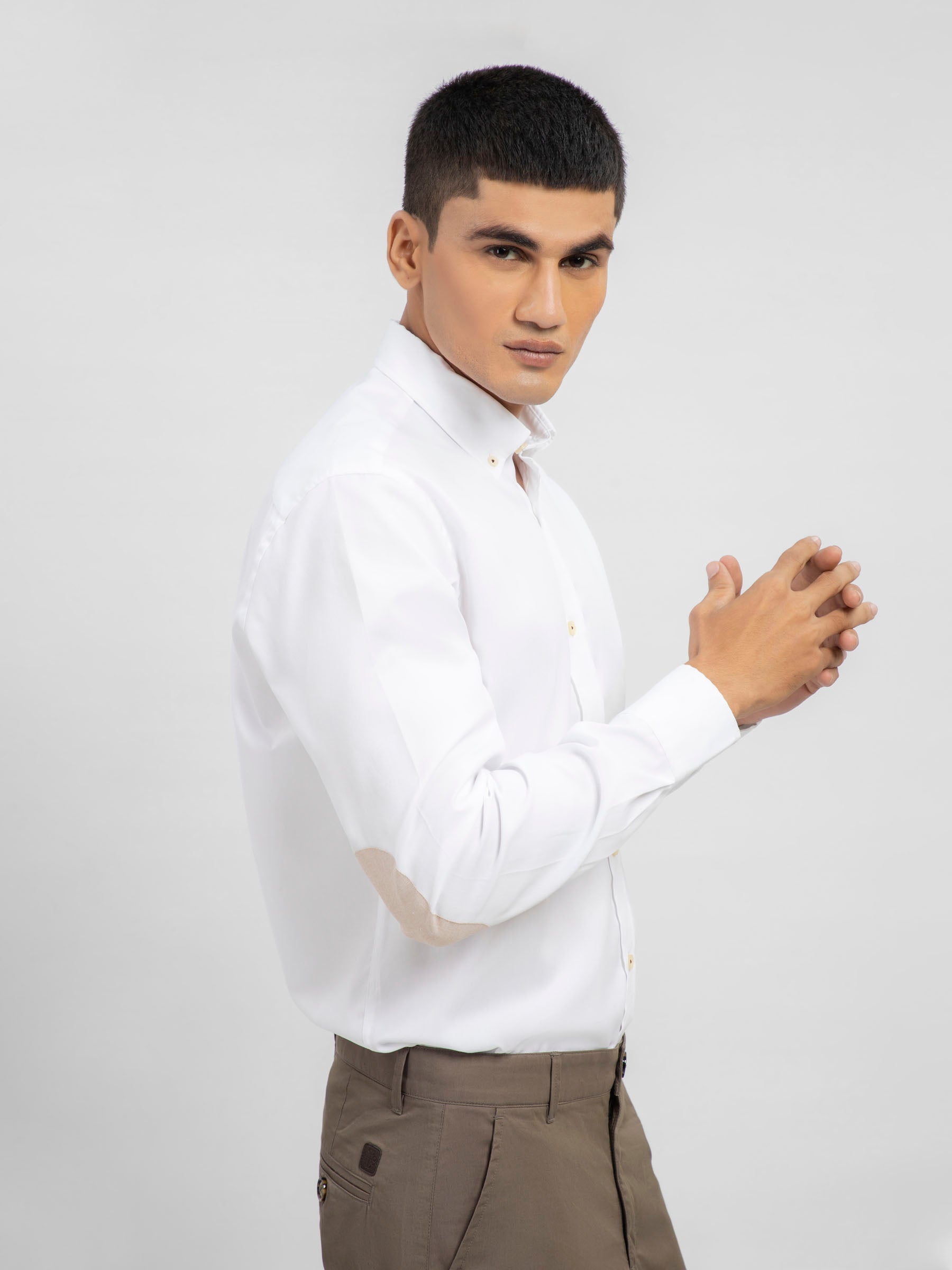 White Button Down Shirt With Beige Elbow Patch