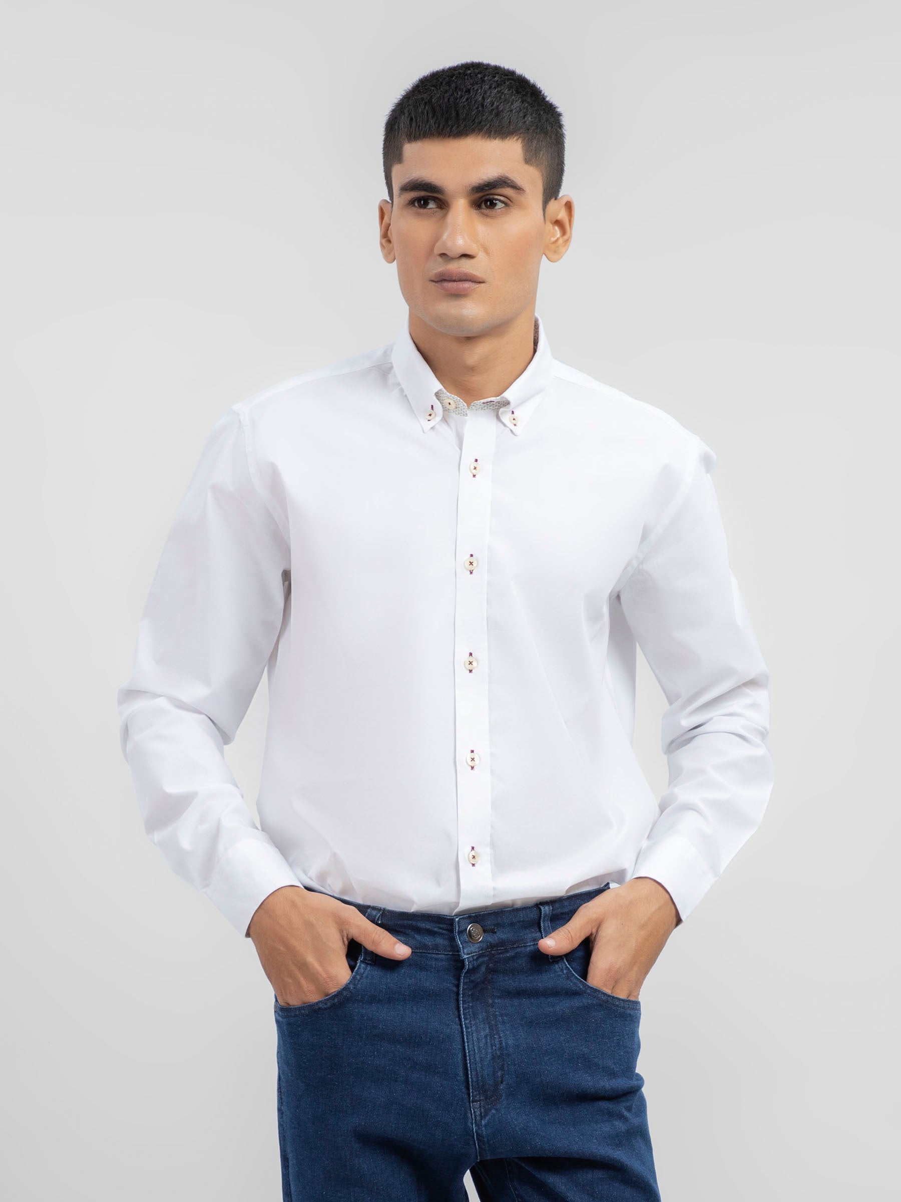 White Button Down Shirt With Printed Collar Detailing
