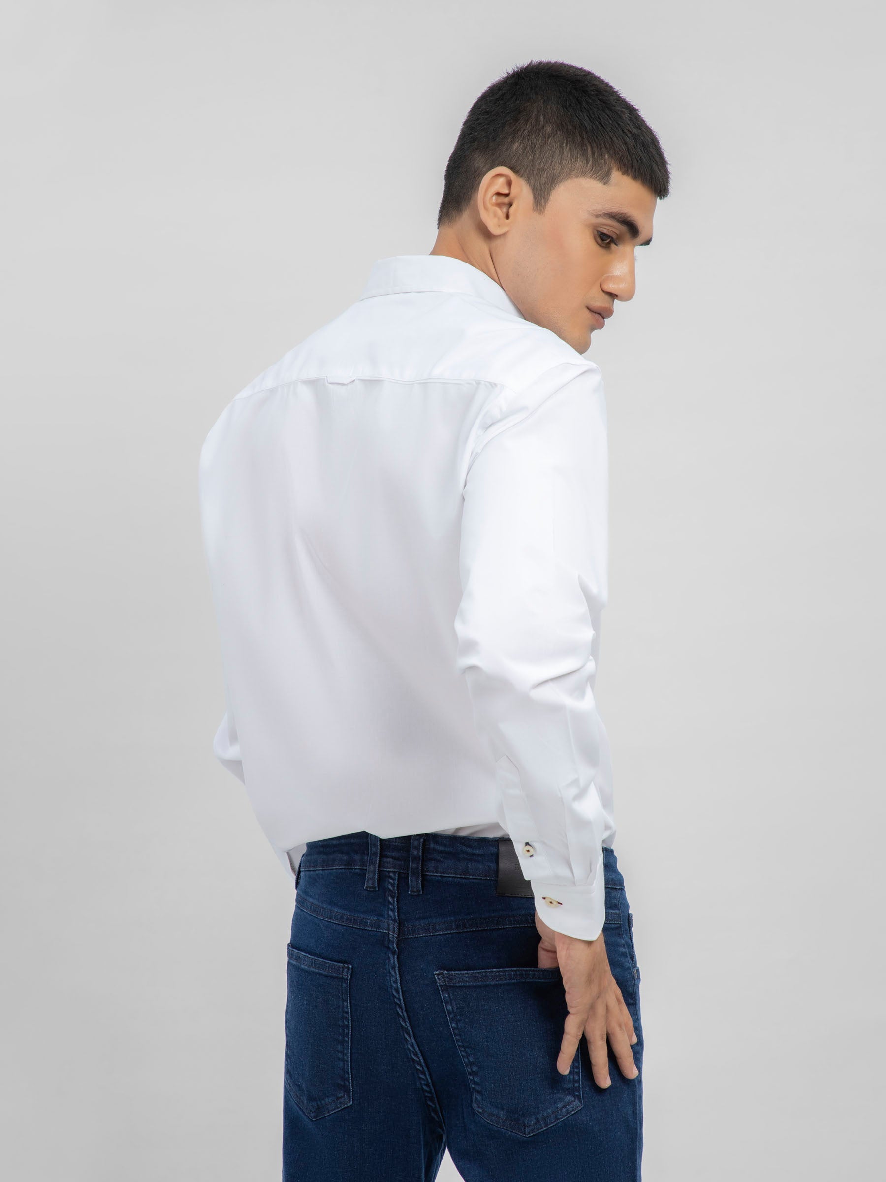 White Button Down Shirt With Printed Collar Detailing