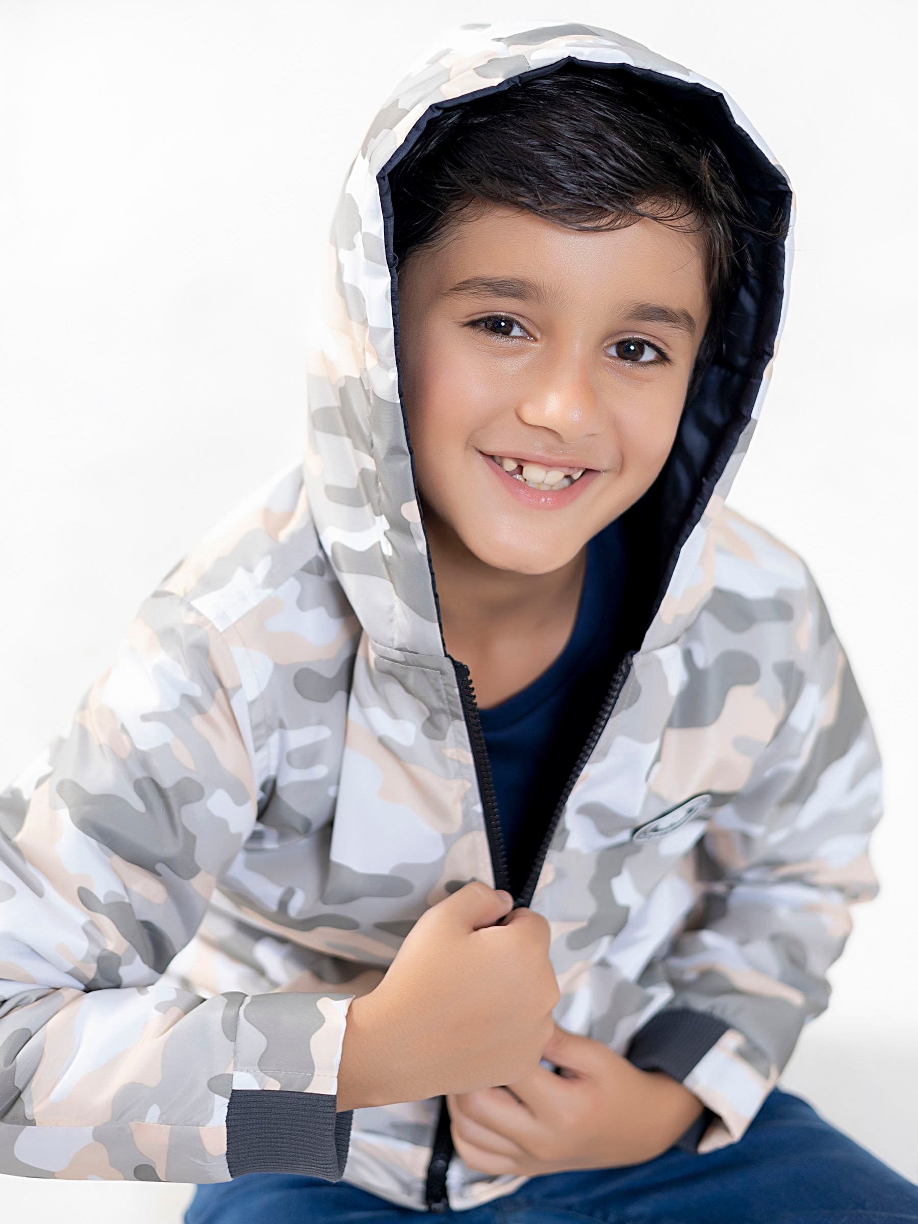 White Camouflage Quilted Casual Jacket With Hoodie - Unisex