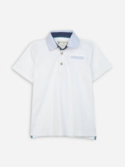 White Casual Polo With Contrasting Blue Collar