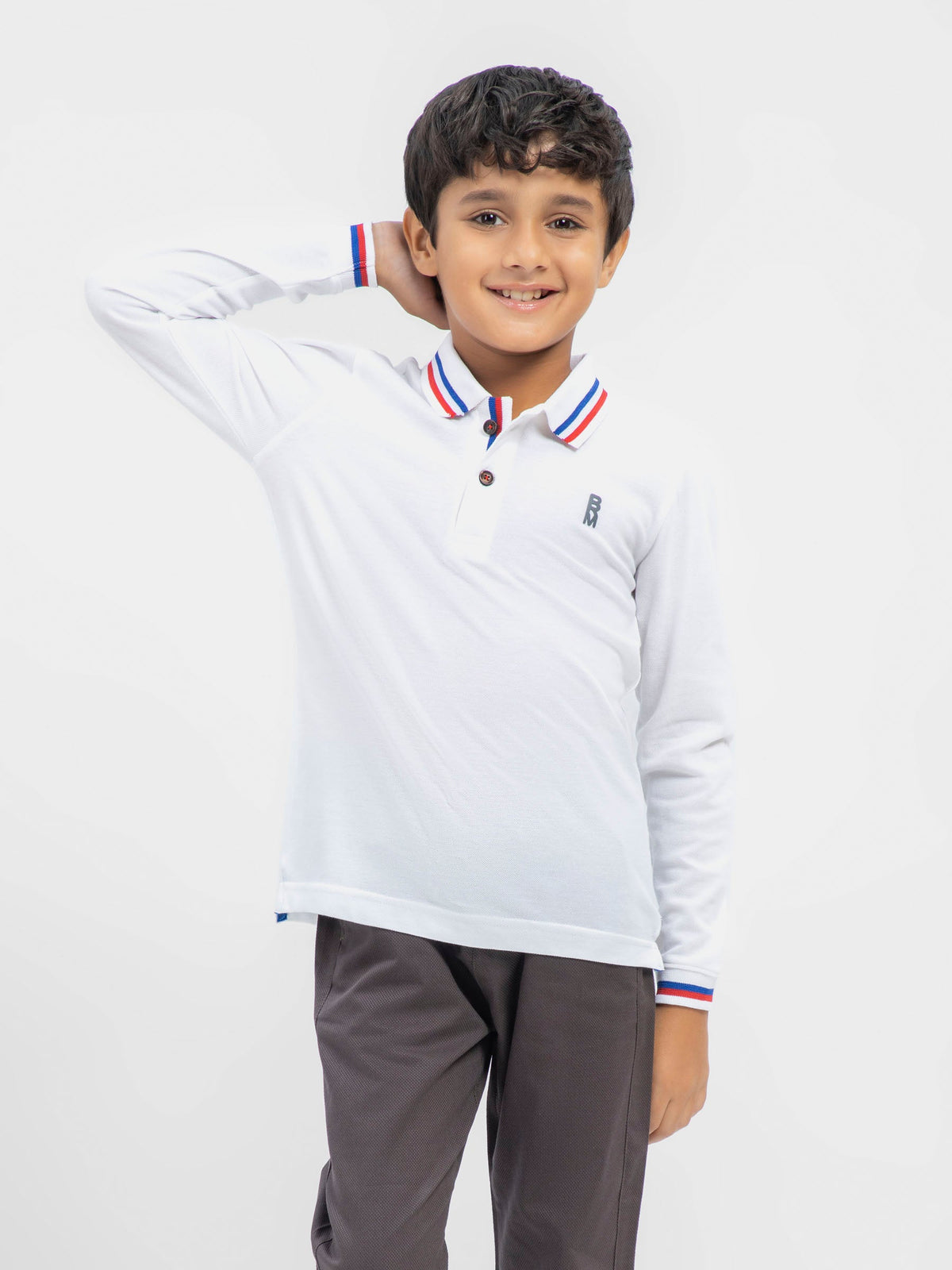 White Contrasting Tipped Long Sleeve Pique Polo