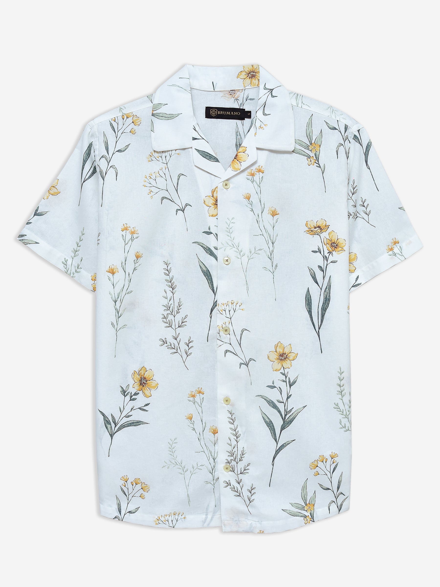 White Floral Printed Cuban Collar Shirt
