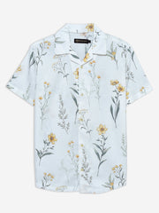 White Floral Printed Cuban Collar Shirt