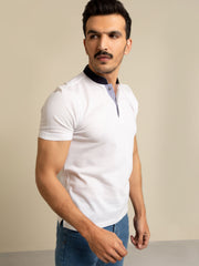 White Mao Collar Polo Shirt With Contrasting Collar