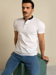 White Mao Collar Polo Shirt With Contrasting Collar