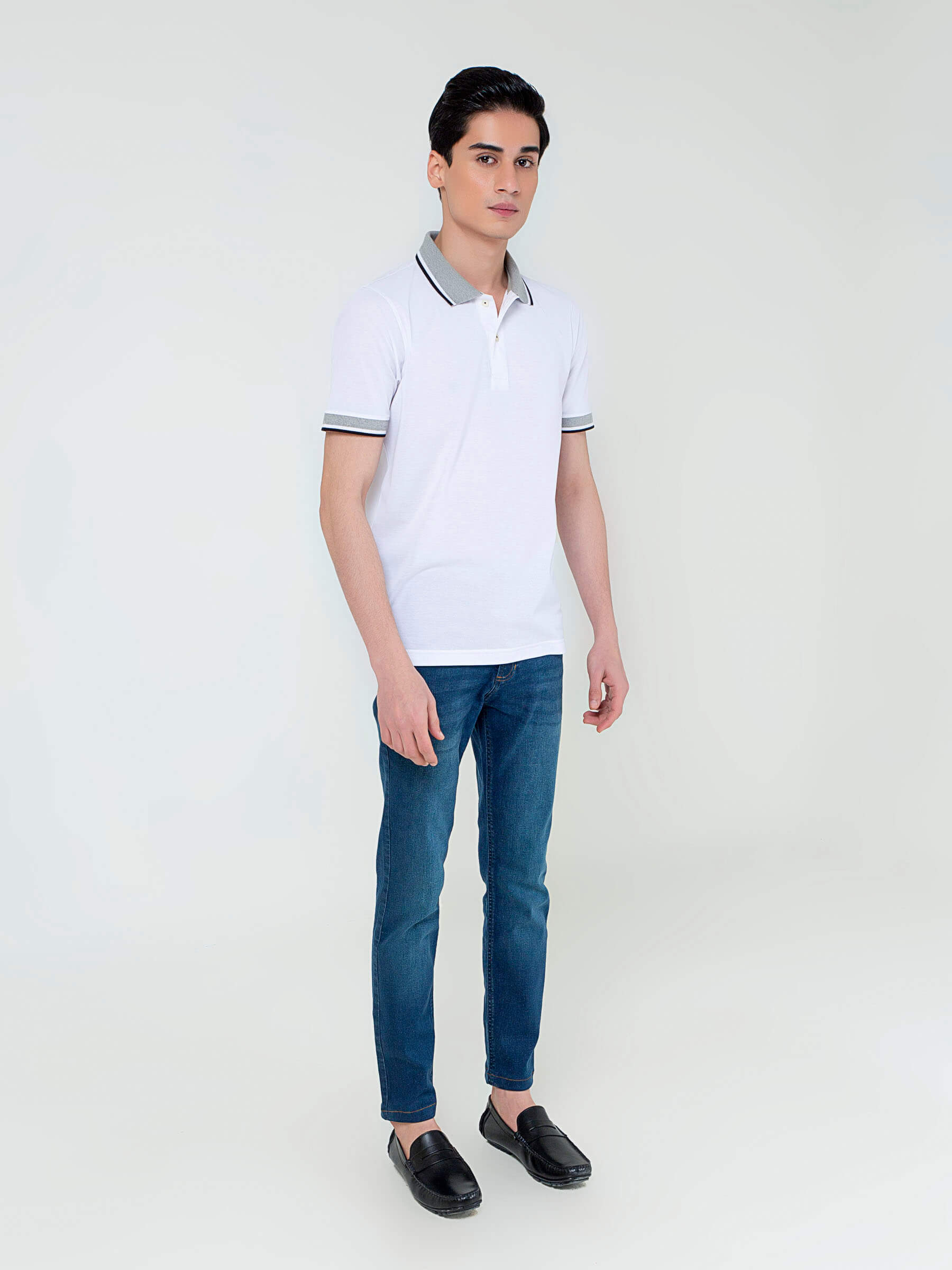 White Pique Polo With Grey Sporty Collar