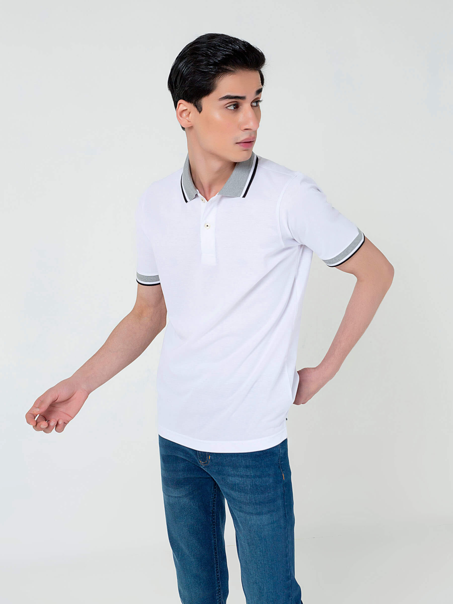 White Pique Polo With Grey Sporty Collar