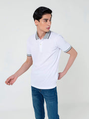 White Pique Polo With Grey Sporty Collar