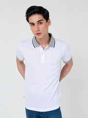 White Pique Polo With Grey Sporty Collar