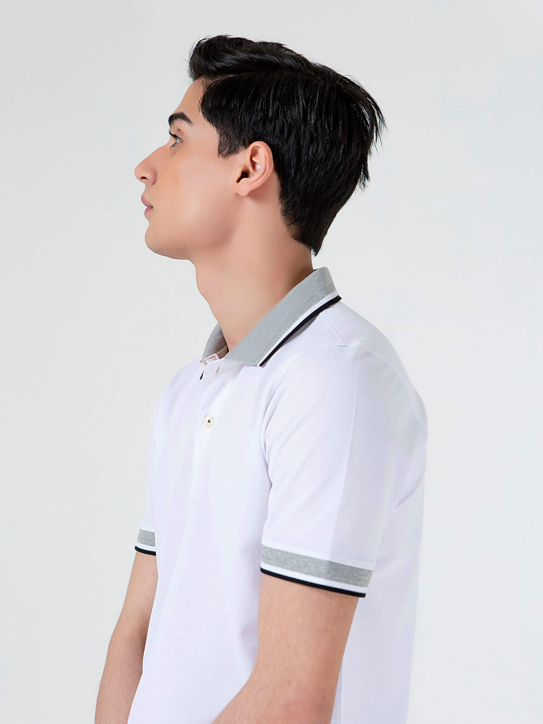 White Pique Polo With Grey Sporty Collar
