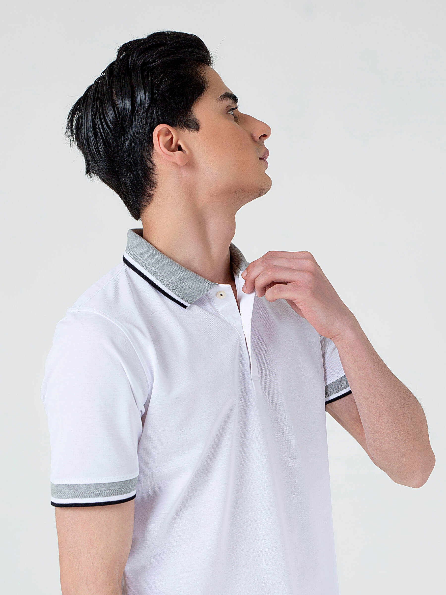 White Pique Polo With Grey Sporty Collar