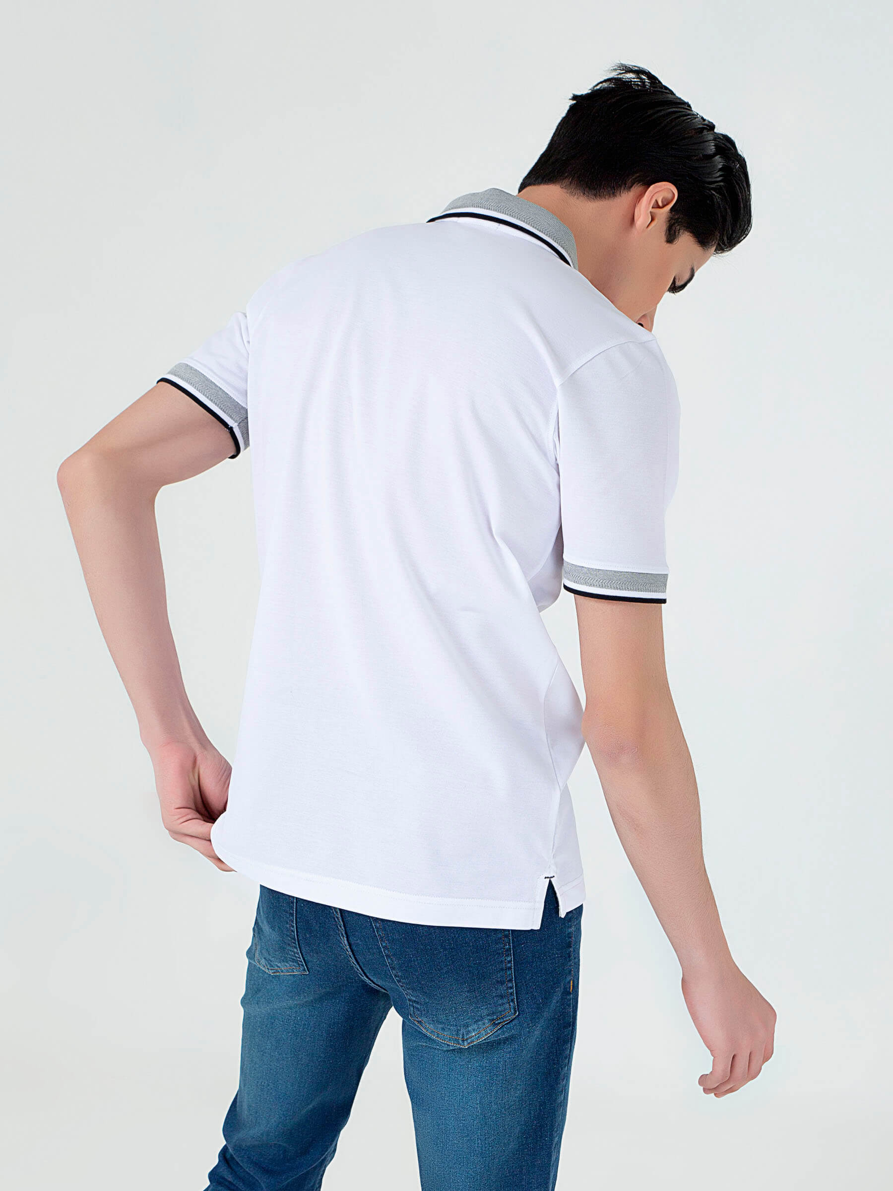 White Pique Polo With Grey Sporty Collar