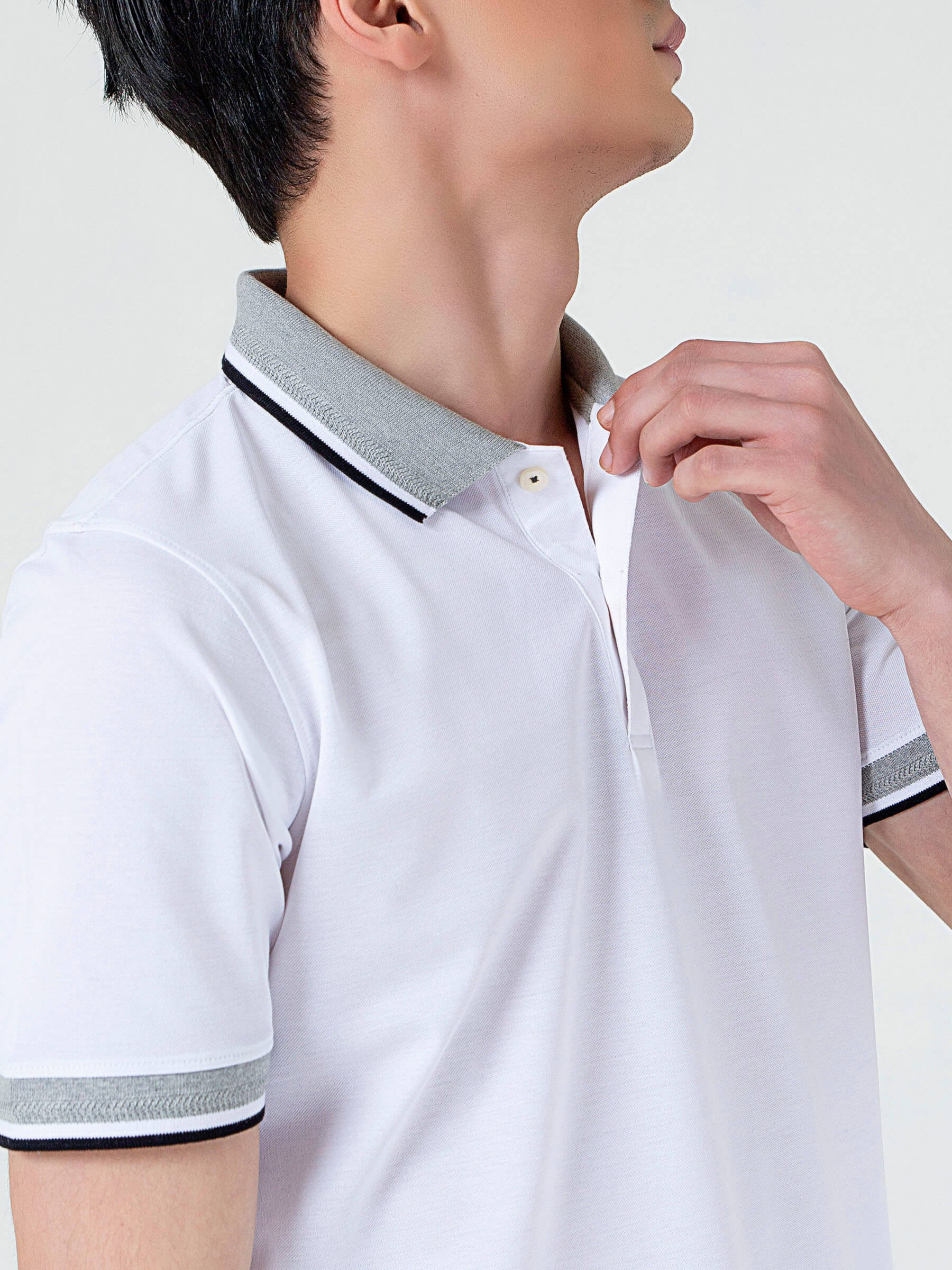 White Pique Polo With Grey Sporty Collar
