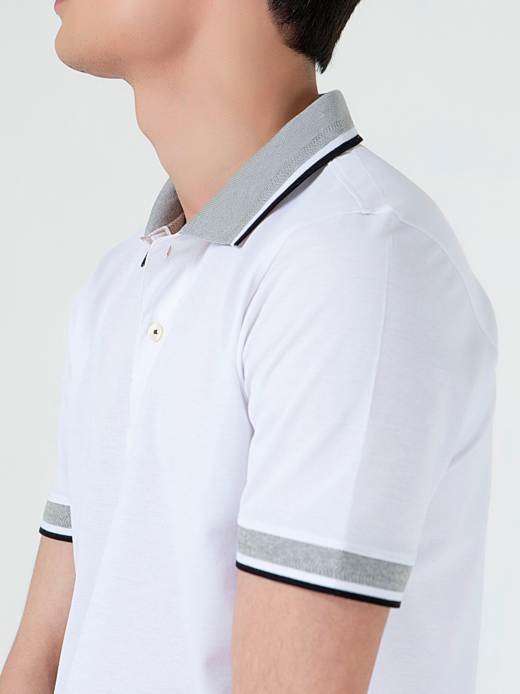 White Pique Polo With Grey Sporty Collar