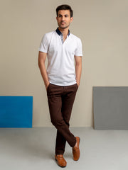 White Pique Polo With Navy Blue Collar