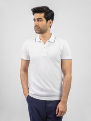 White Pique Polo With Navy Blue Tipped Collar