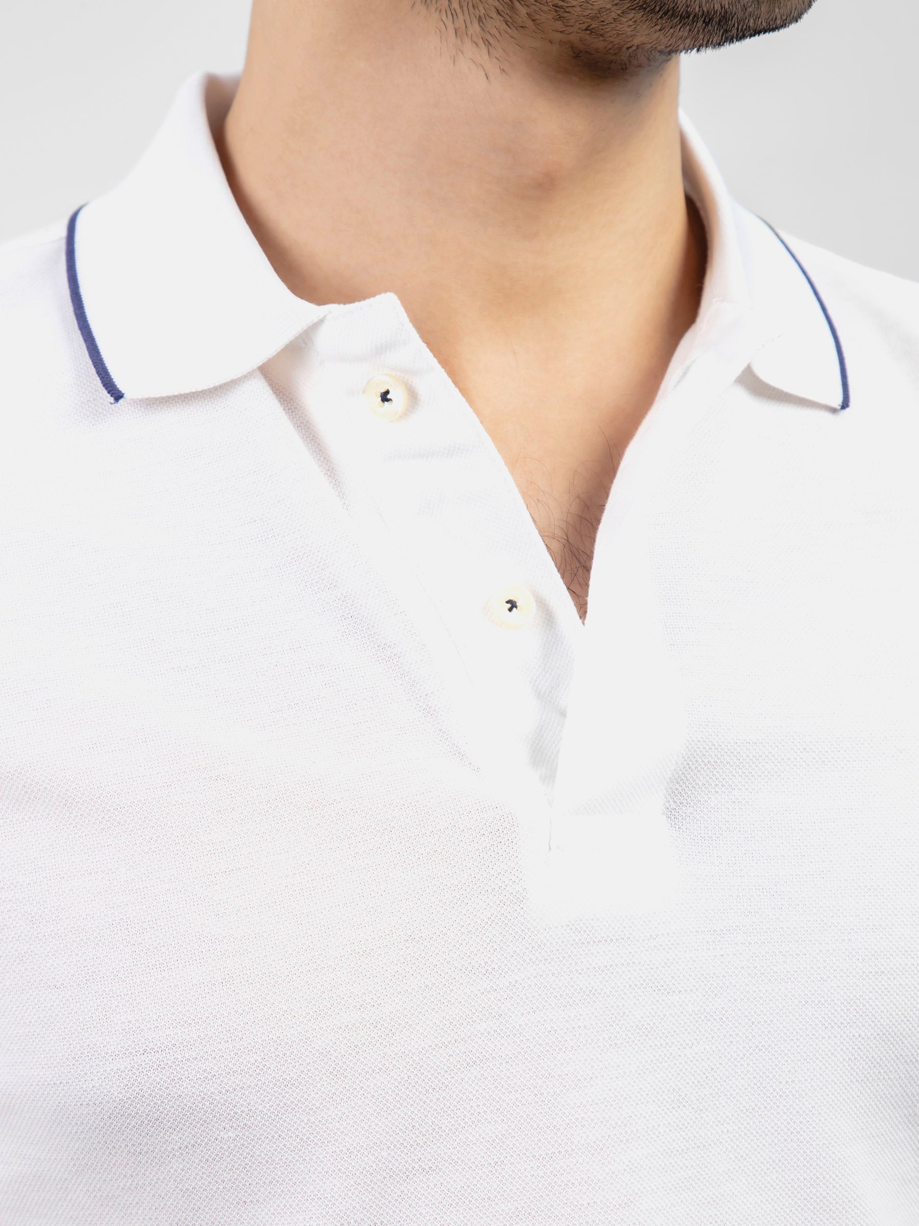White Pique Polo With Navy Blue Tipped Collar