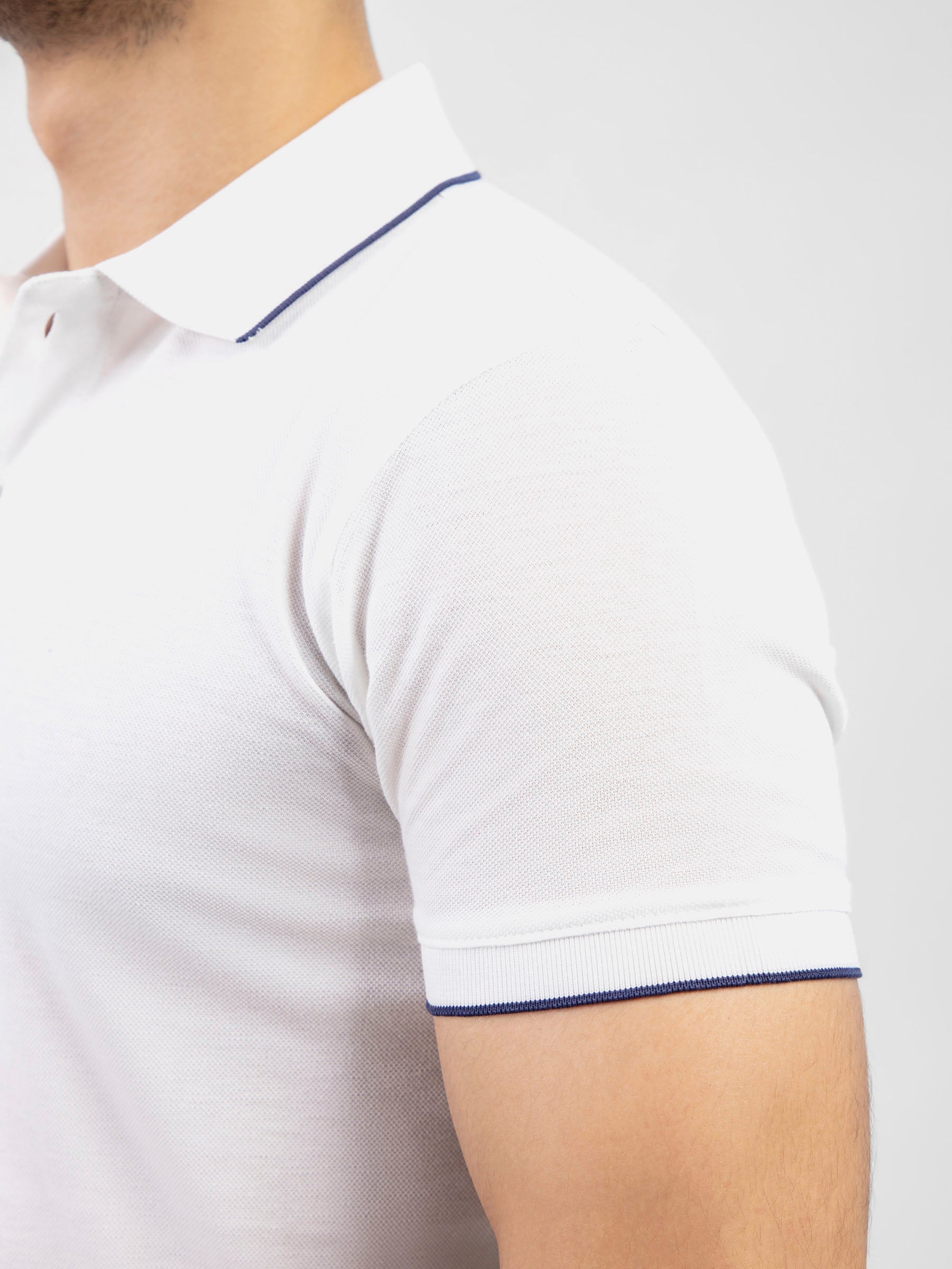 White Pique Polo With Navy Blue Tipped Collar