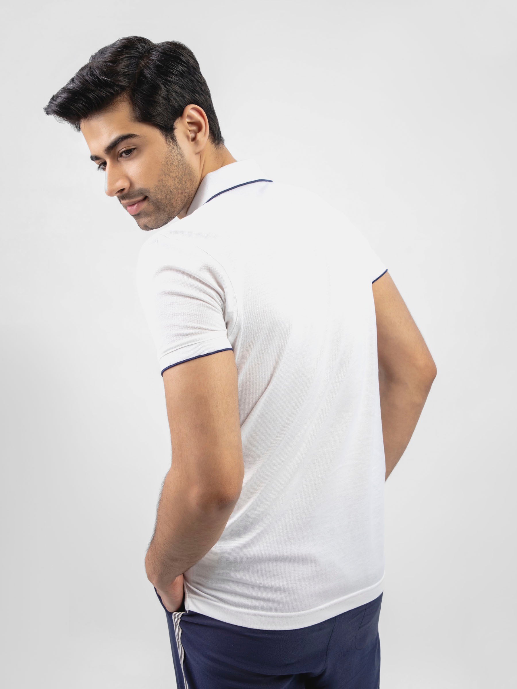 White Pique Polo With Navy Blue Tipped Collar