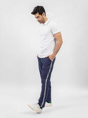 White Pique Polo With Navy Blue Tipped Collar