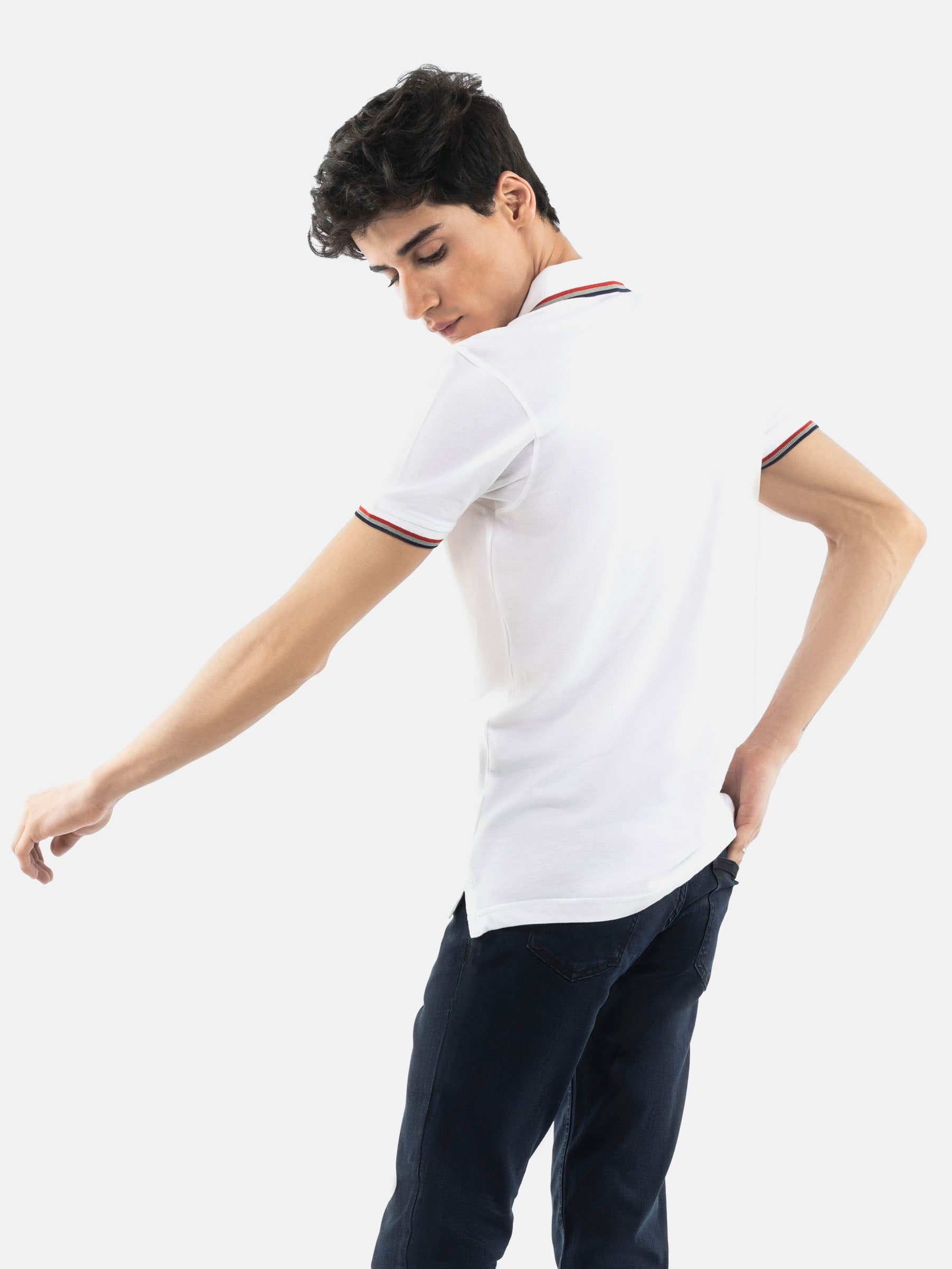 White Pique Polo With Tipping Collar