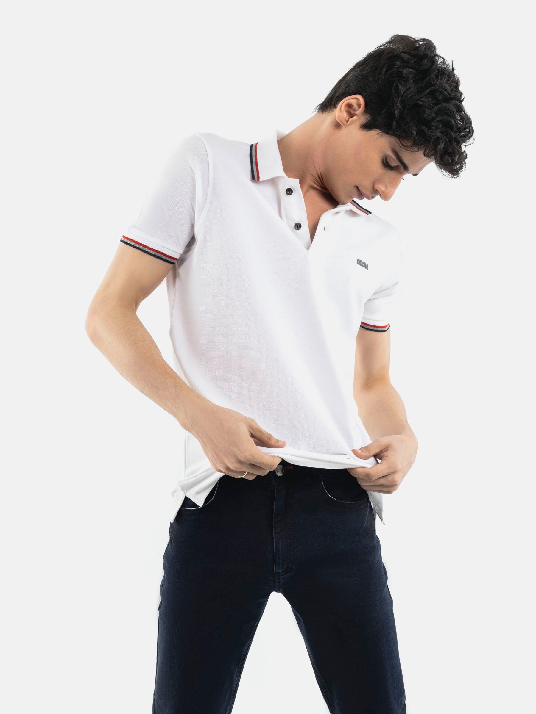 White Pique Polo With Tipping Collar