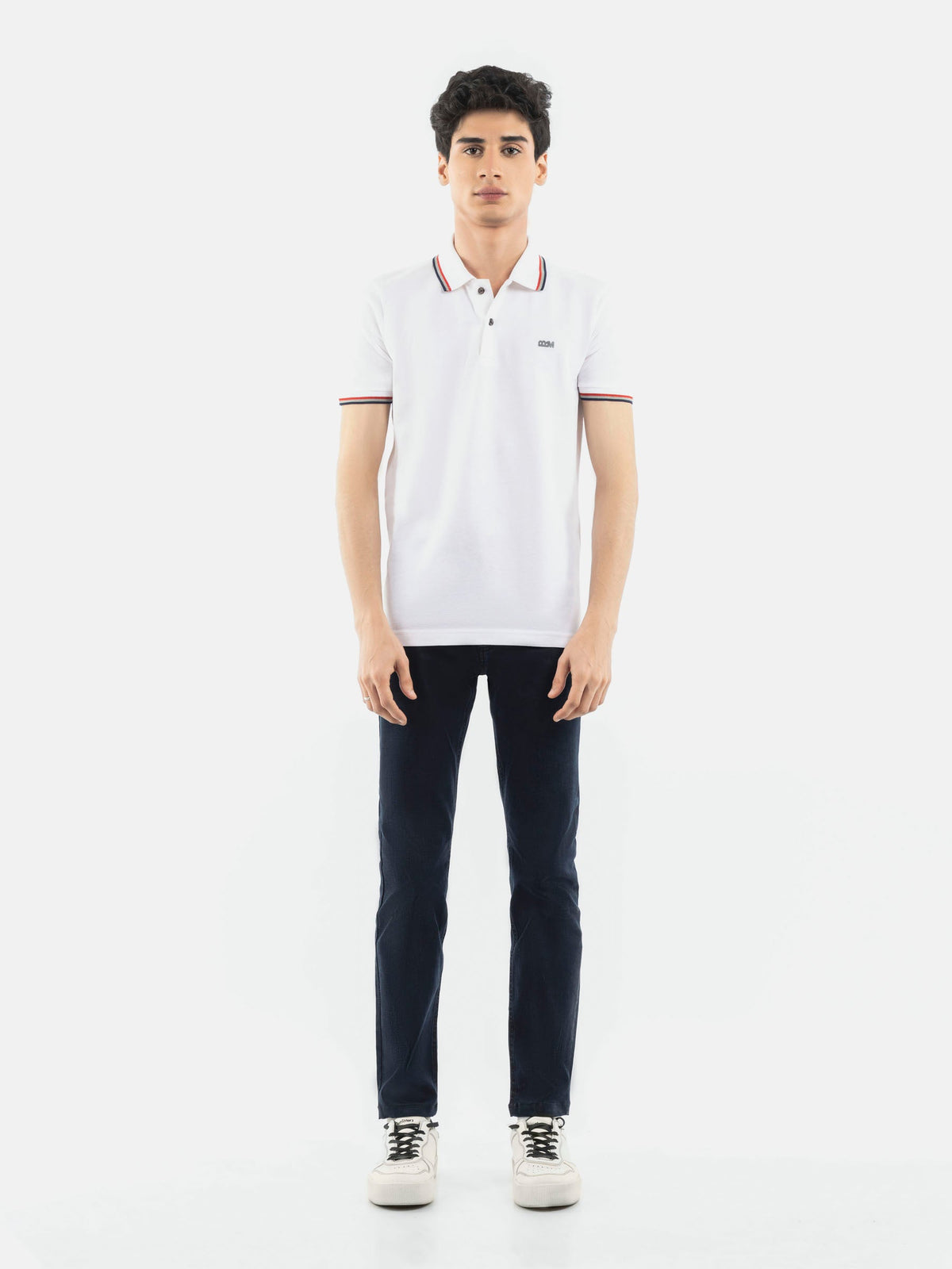 White Pique Polo With Tipping Collar