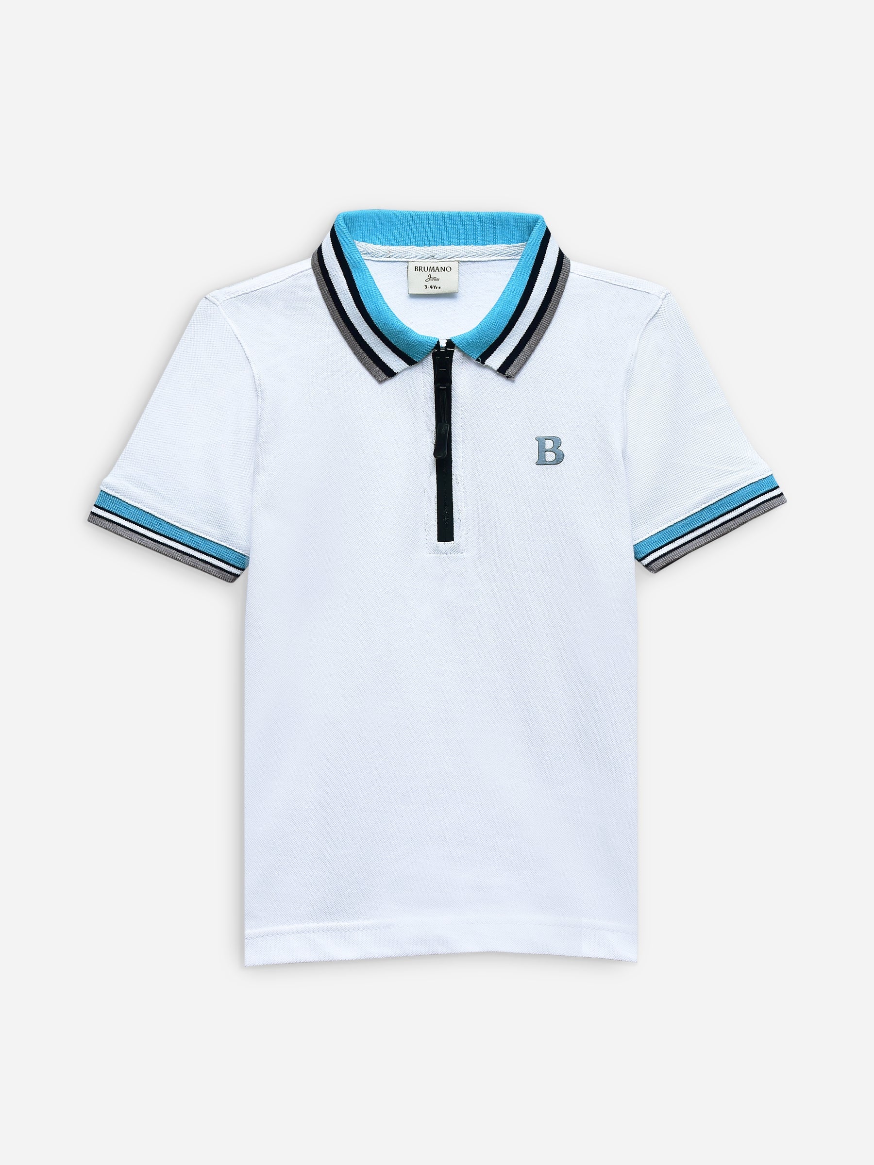 White Pique Zipper Polo With Contrasting Collar