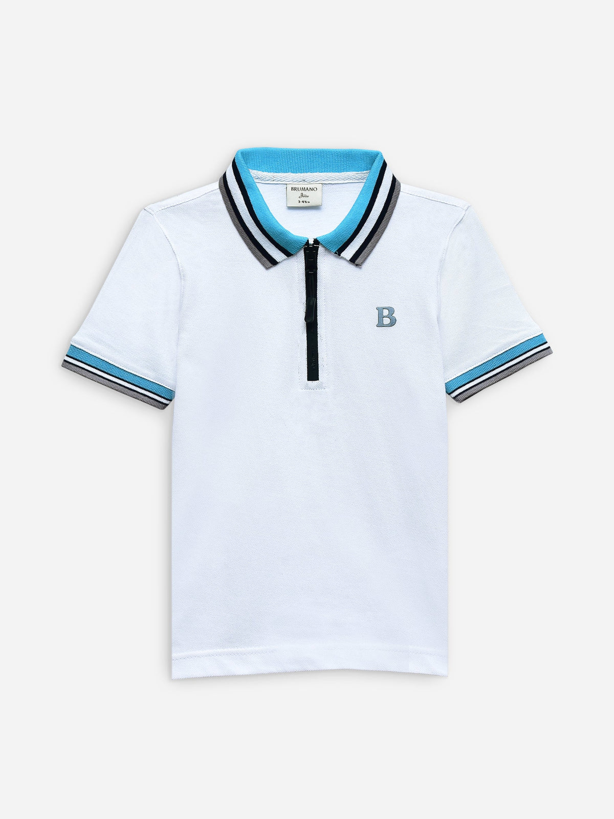 White Pique Zipper Polo With Contrasting Collar