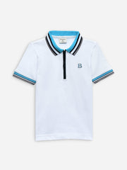 White Pique Zipper Polo With Contrasting Collar