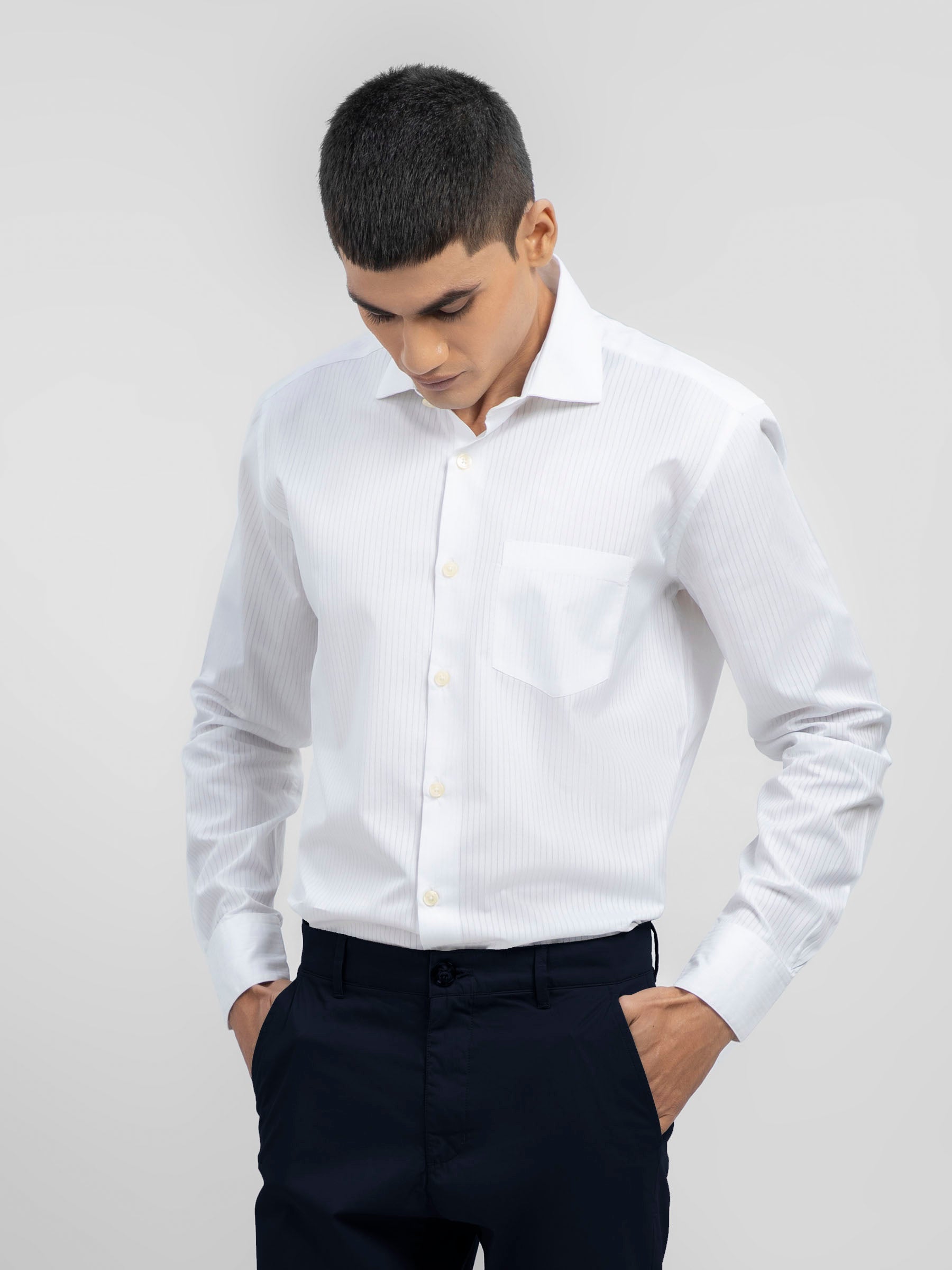 White Self Striped Formal Shirt