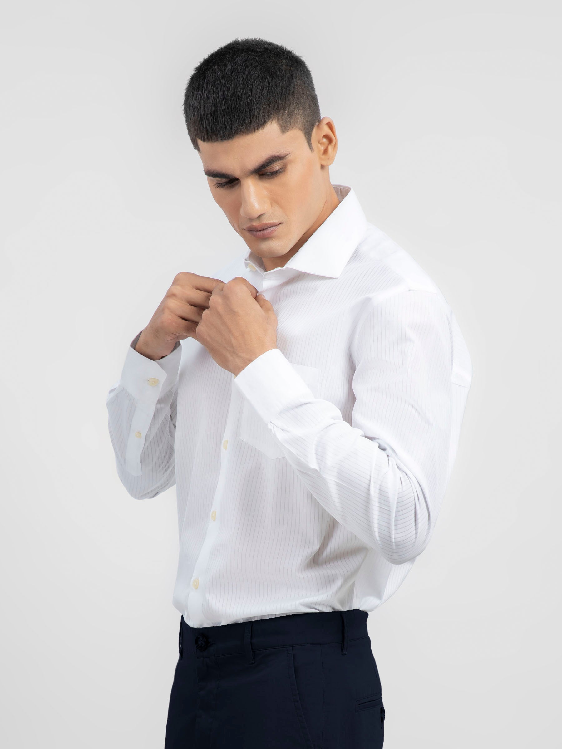 White Self Striped Formal Shirt