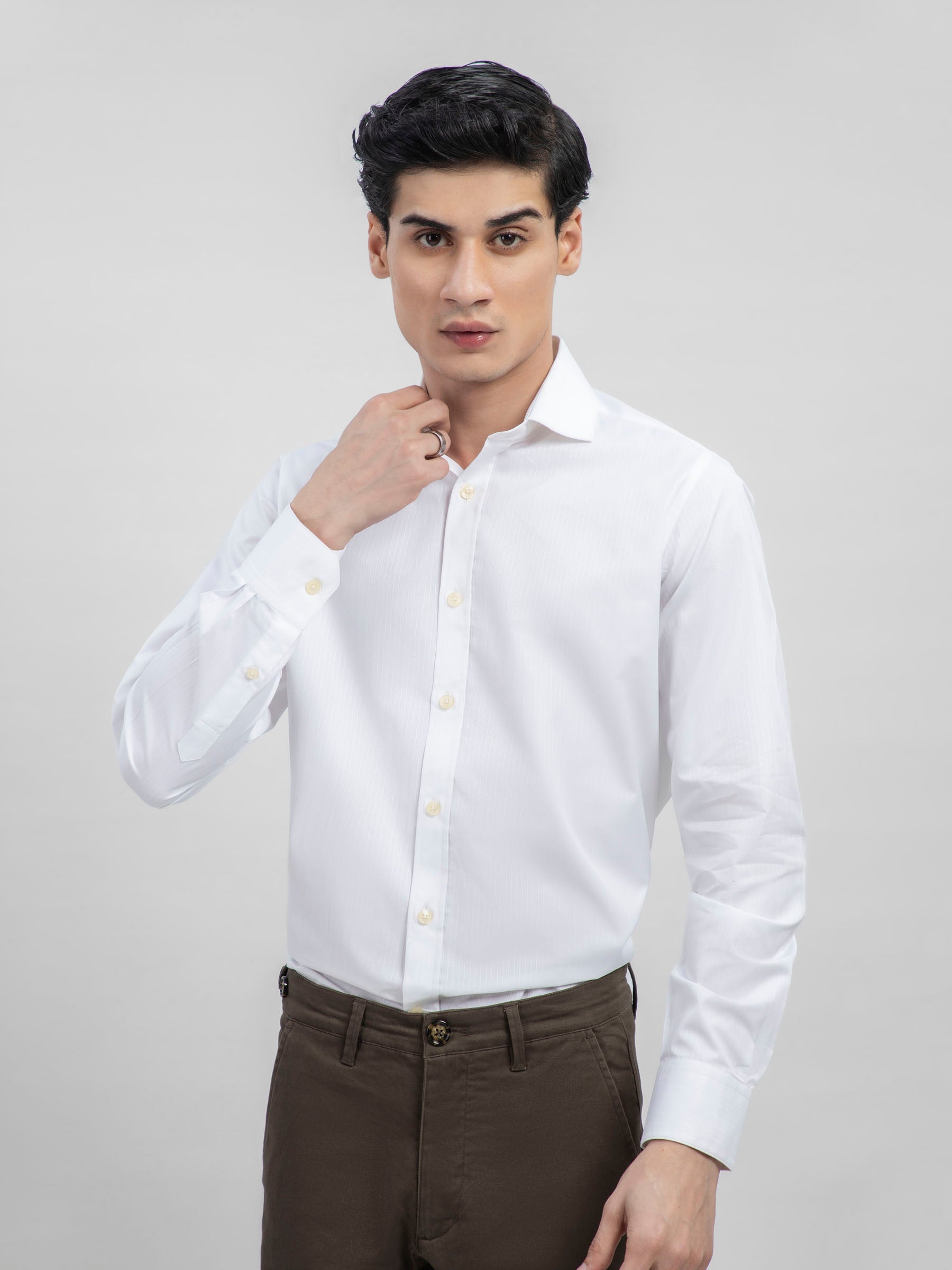 White Striped Formal Shirt With Cutaway Collar