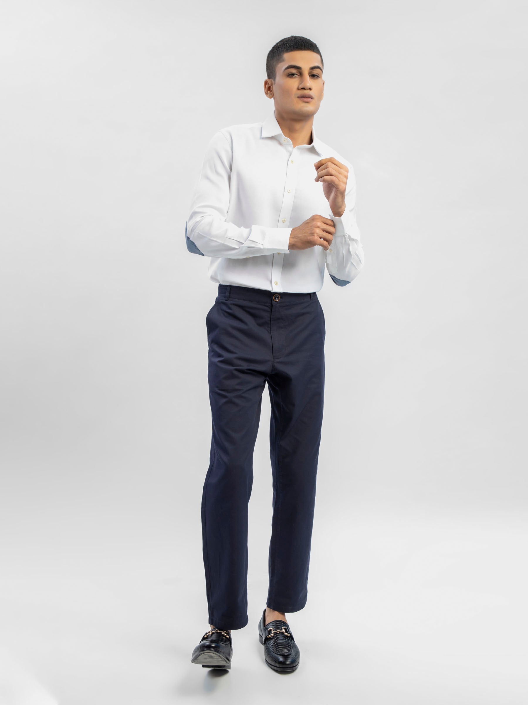 White Structured Shirt With Blue Elbow Patch