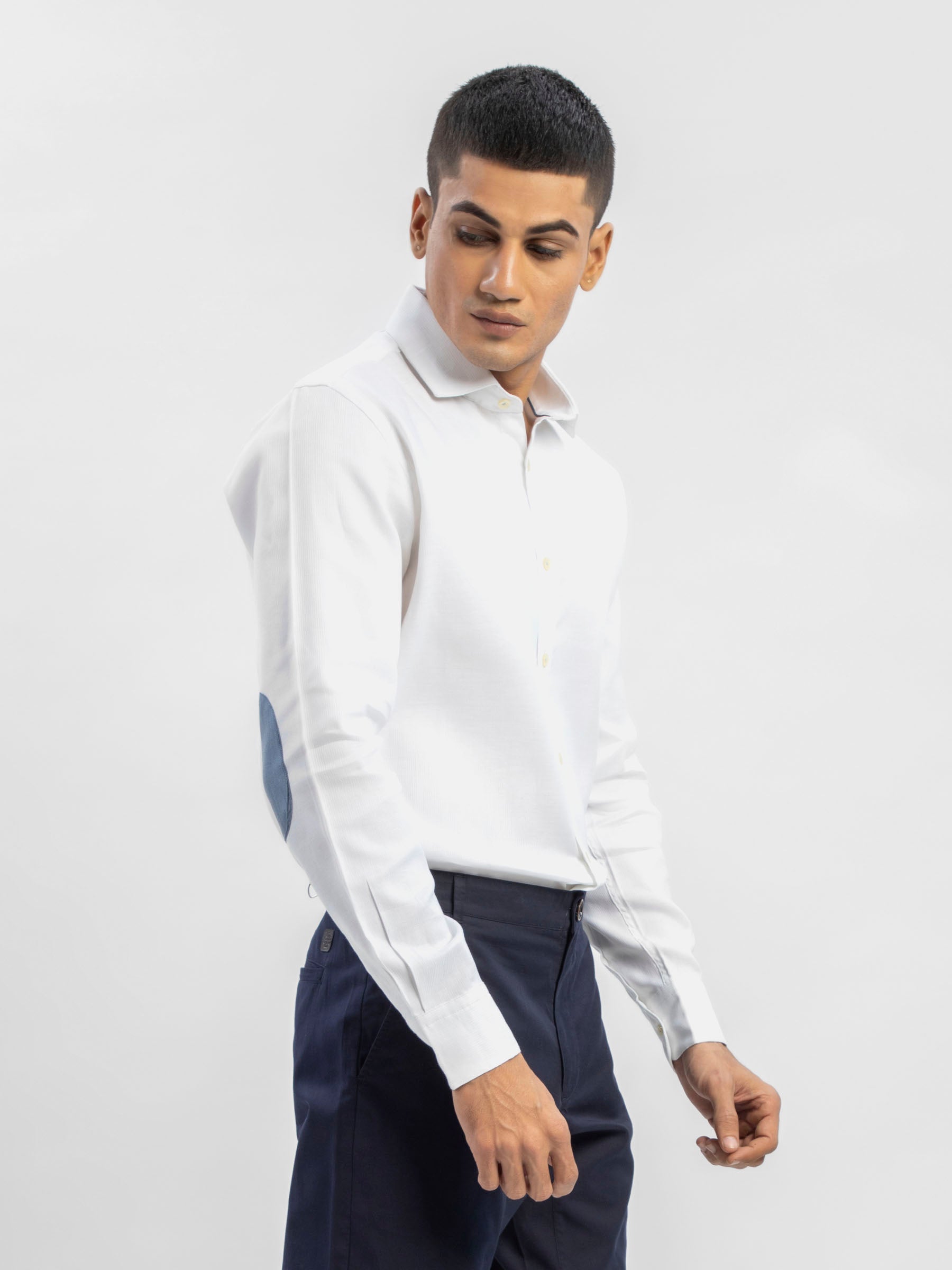 White Structured Shirt With Blue Elbow Patch