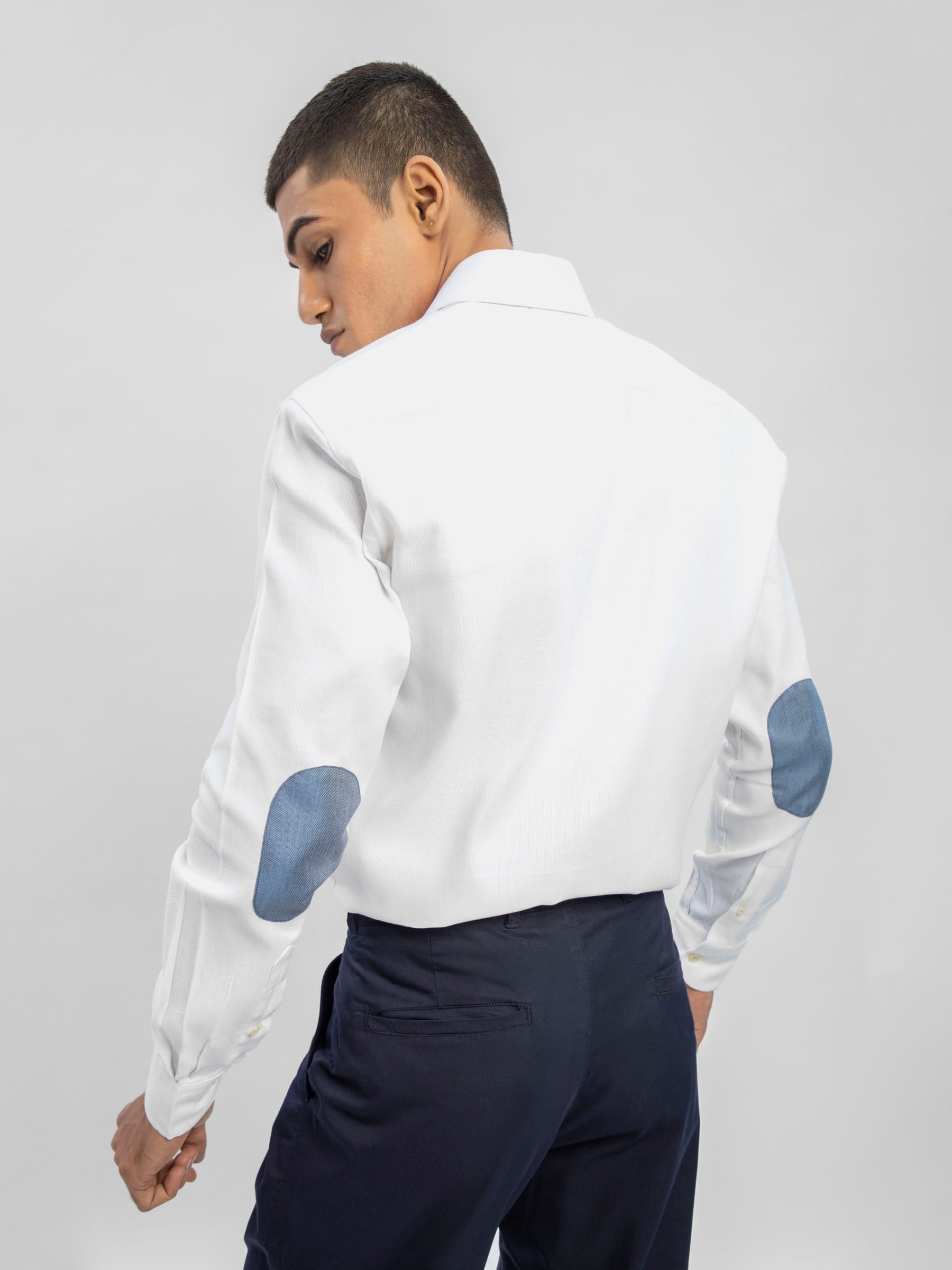 White Structured Shirt With Blue Elbow Patch
