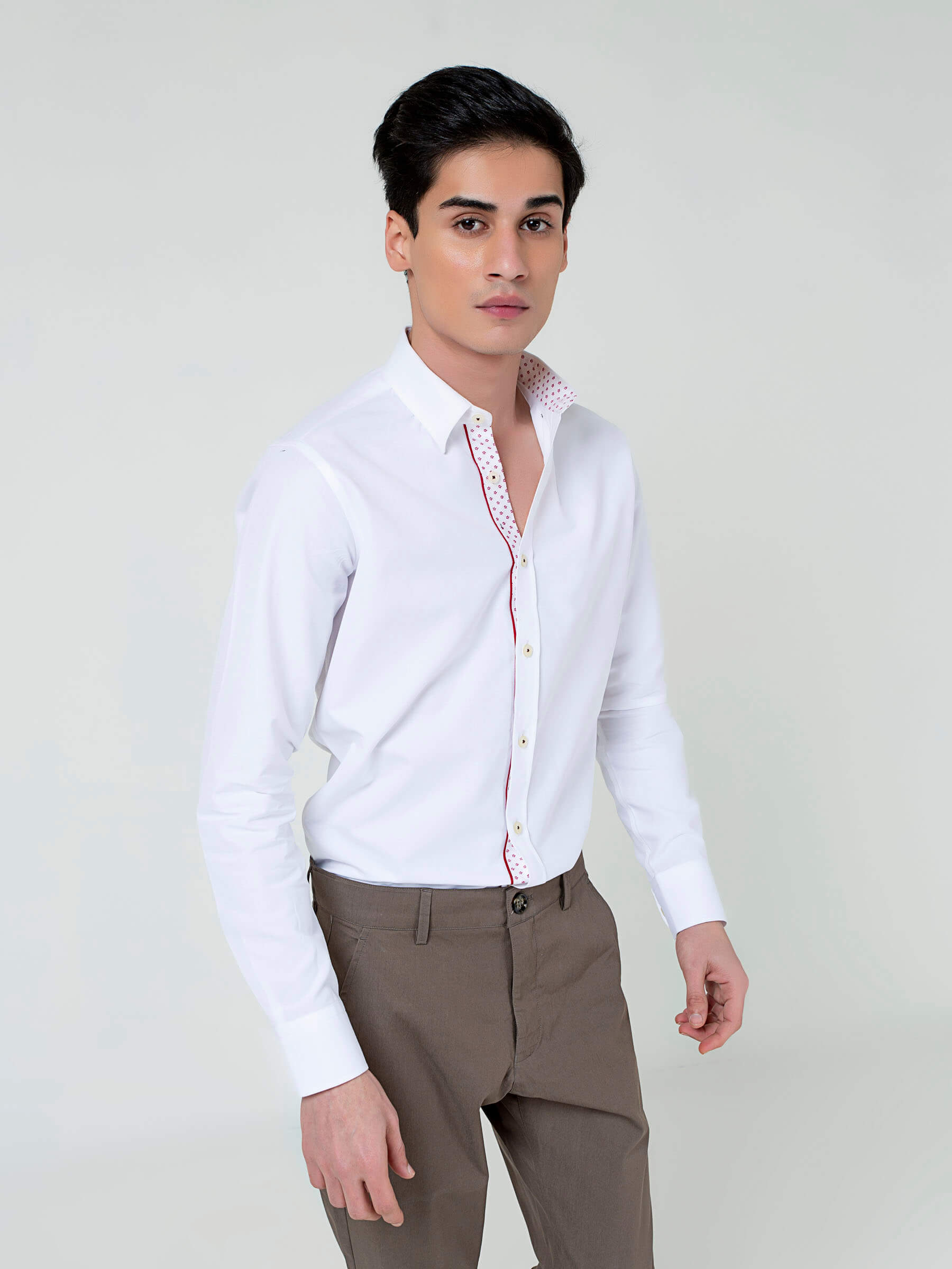 White Structured Shirt With Red Printed Detailing