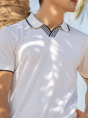 White V-Placket Polo With Tipped Collar