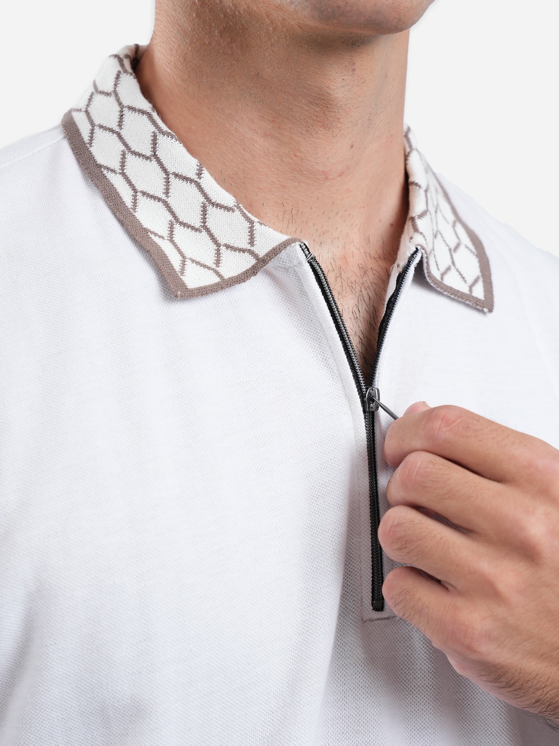 White Zipper Polo With Jacquard Collar