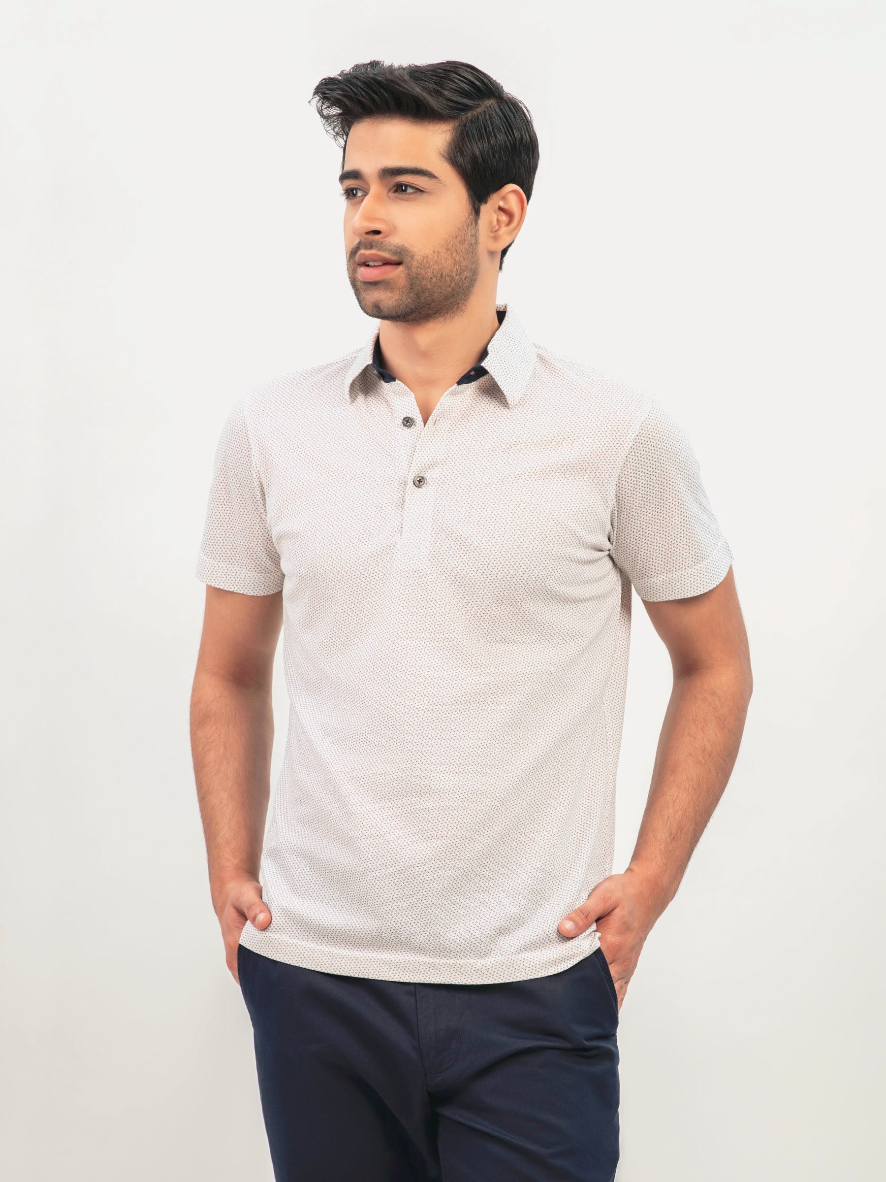 White & Beige Printed Polo