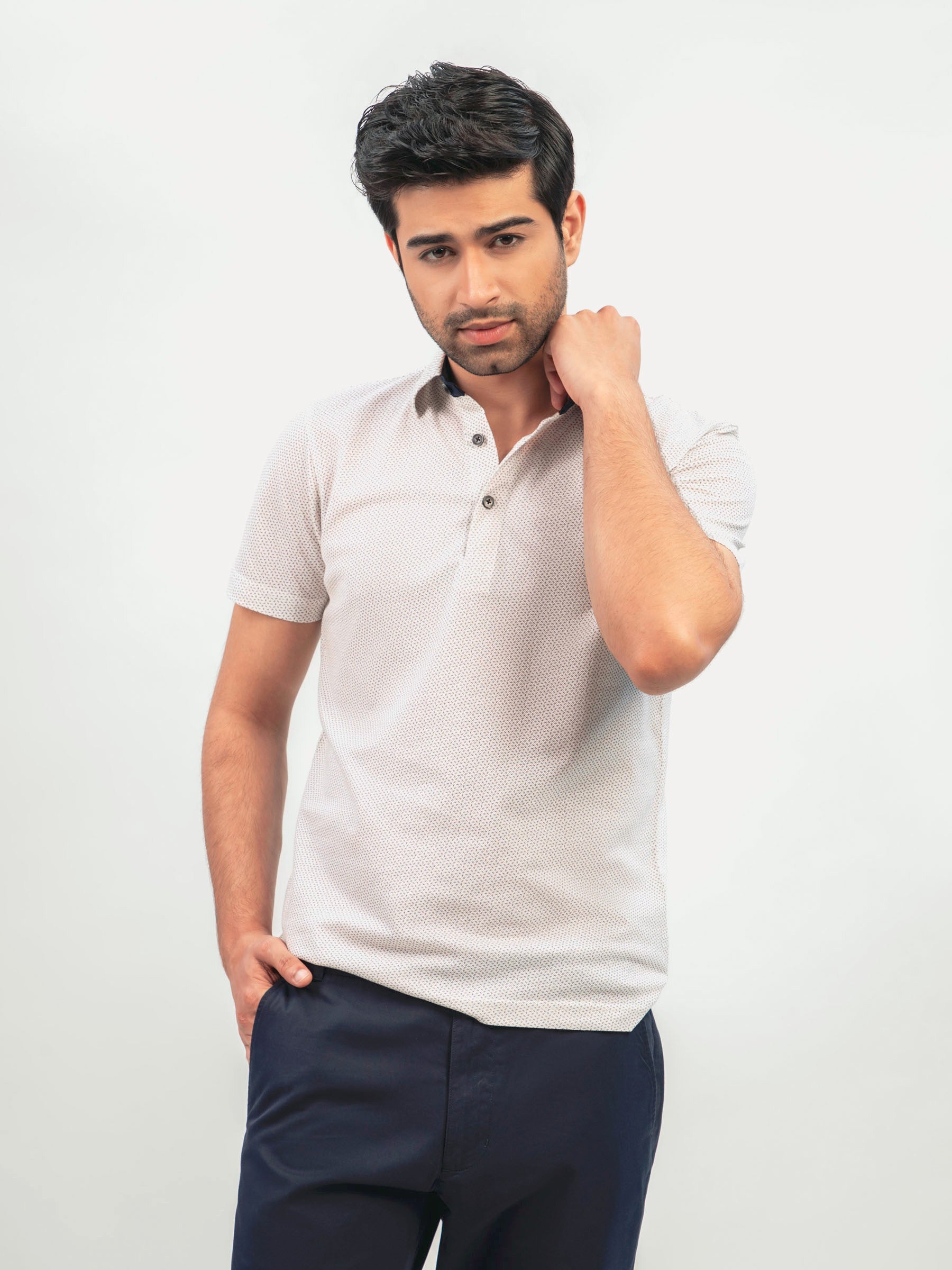 White & Beige Printed Polo