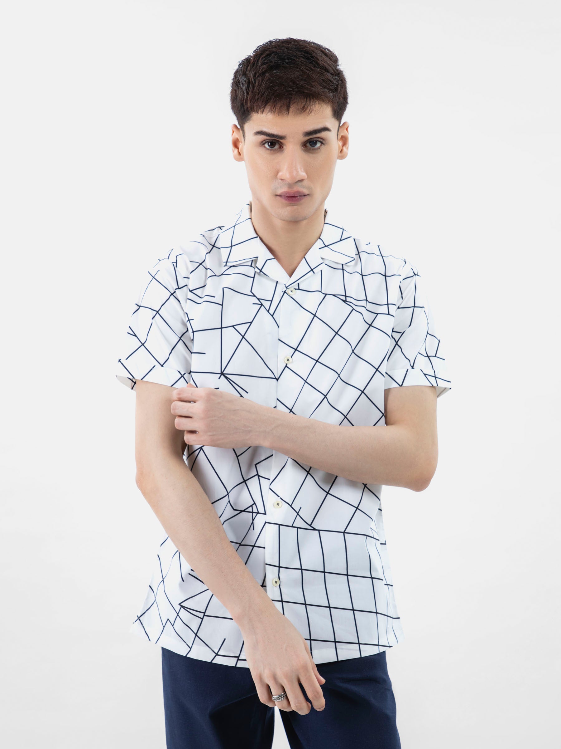 White & Black Printed Half Sleeve Cuban Collar Shirt