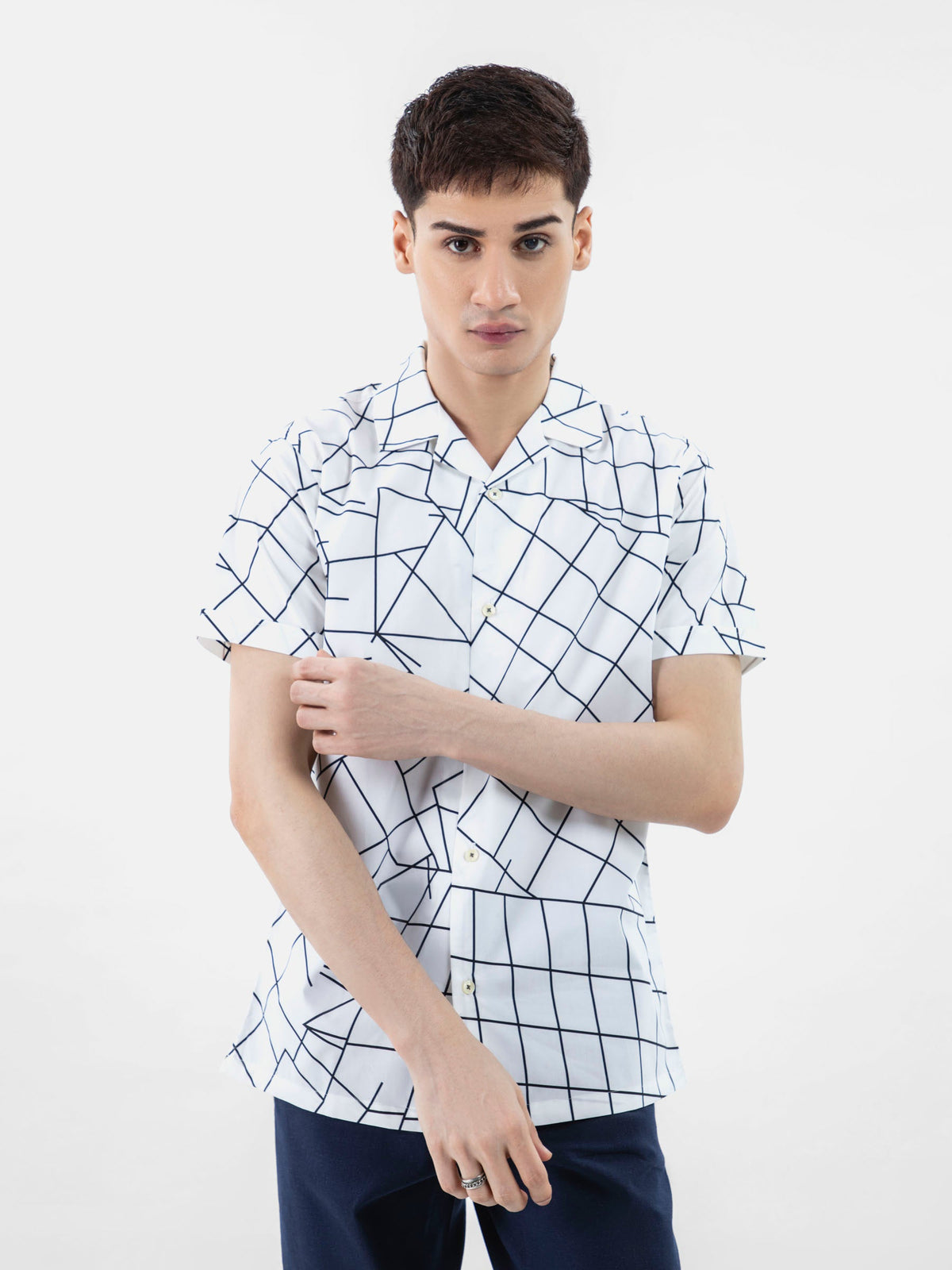 White & Black Printed Half Sleeve Cuban Collar Shirt