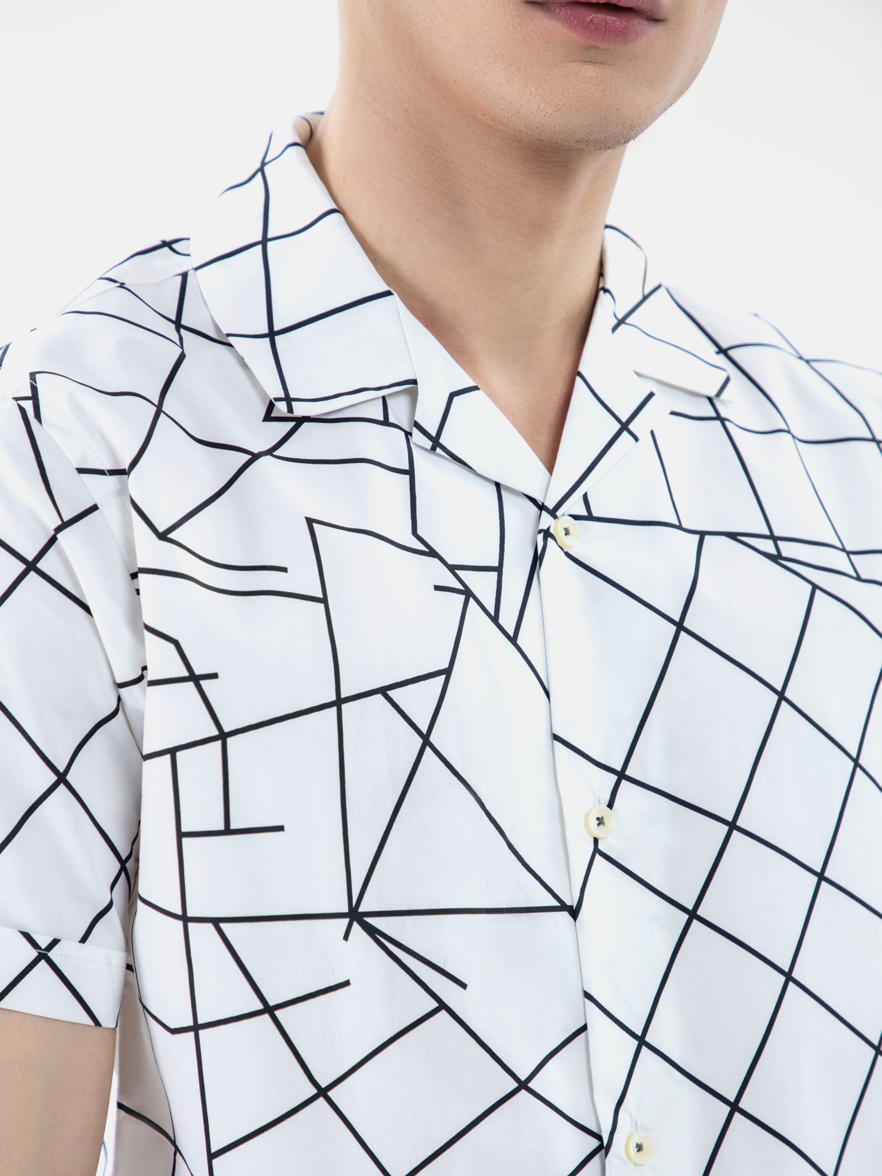 White & Black Printed Half Sleeve Cuban Collar Shirt