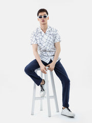 White & Black Printed Half Sleeve Cuban Collar Shirt