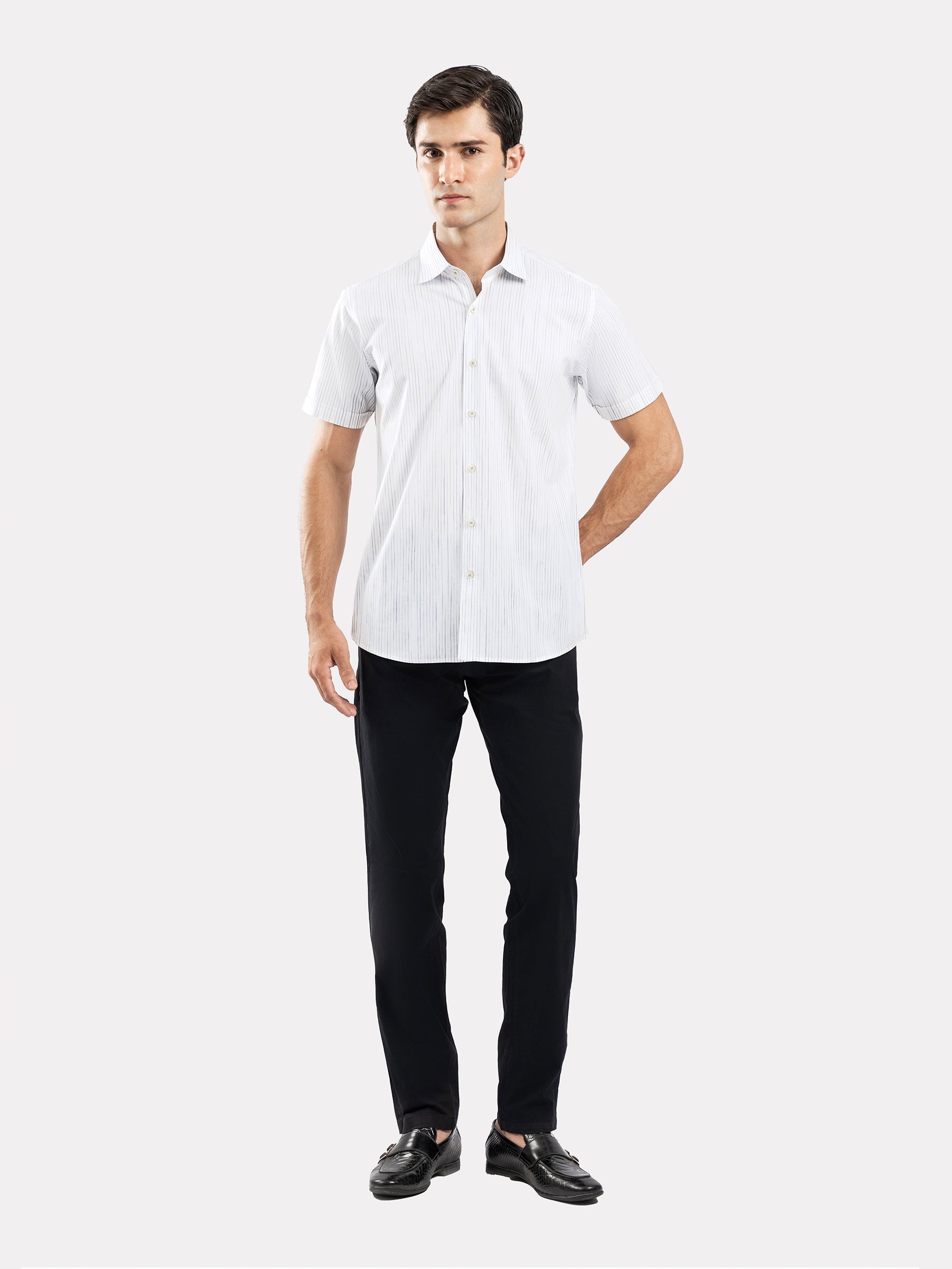 White & Black Striped Half Sleeve Formal Shirt