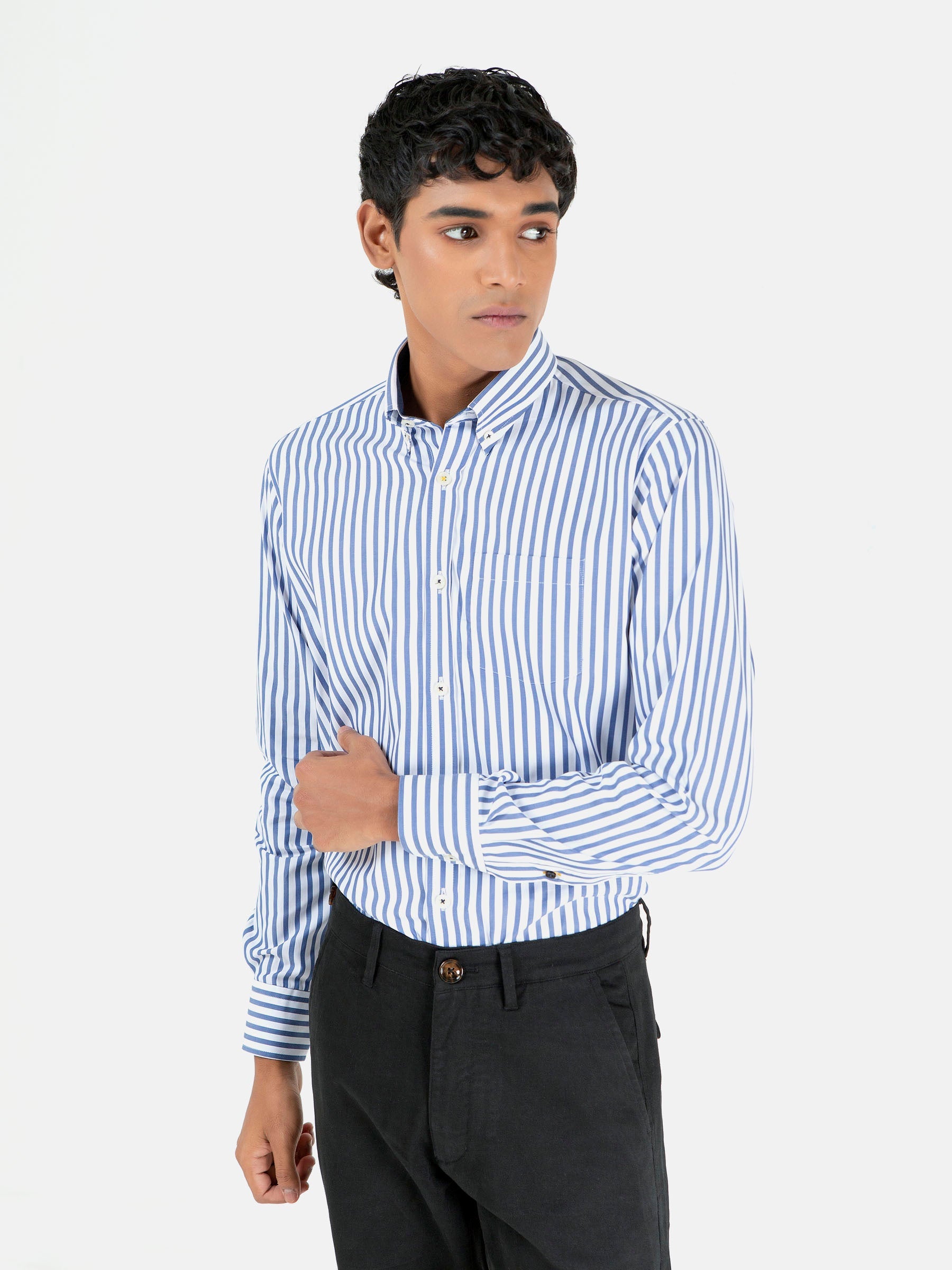 White & Blue Bengal Striped Shirt
